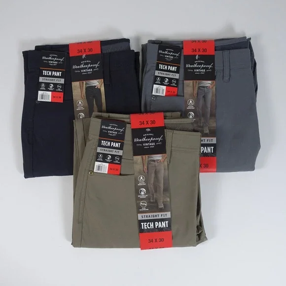 Weatherproof Vintage Mens Tech Pant 3-Pack Straight Fit 34x30 Black Gray Tan NEW
